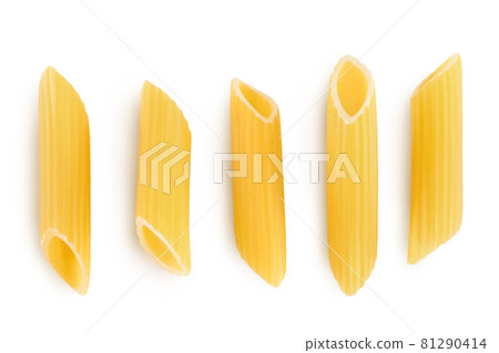 Raw italian penne rigate pasta isolated on white background with clipping path and full depth of field. Top view. Flat lay. Set or collection Raw italian penne rigate pasta isolated on white background with clipping path and full depth of field. Top view. Flat lay. Set or collection 81290414