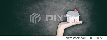 New home ownership real estate concept hand holding miniature house toy on black background panoramic banner blackboard with copy space New home ownership real estate concept hand holding miniature house toy on black background panoramic banner blackboard with copy space 81290726