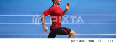 Athlete runner man sprinting in red compression top on run race track panorama. Horizontal banner panoramic crop on blue background. 81290754