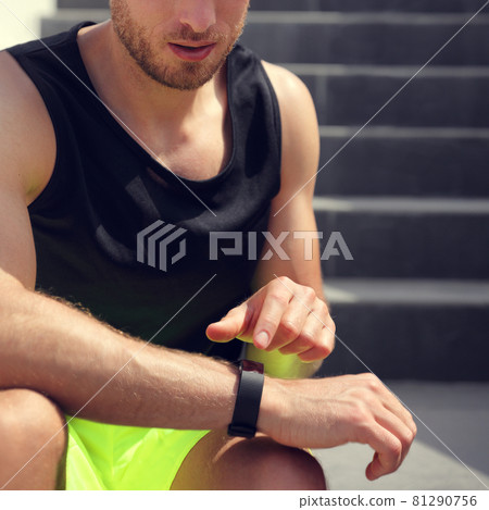 Smartwatch fitness man touching sports watch before running on stairs workout. Closeup of wrist and hand 81290756