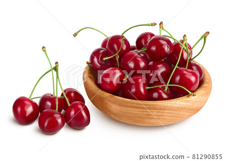 red sweet cherry in wooden bowl isolated on white background with clipping path and full depth of field red sweet cherry in wooden bowl isolated on white background with clipping path and full depth of field 81290855