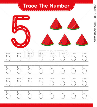 Trace the number. Tracing number with Watermelon. Educational children game, printable worksheet, vector illustration 81290965