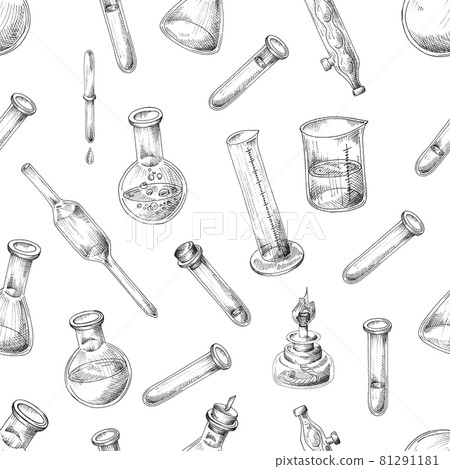 Vector illustration of seamless pattern with chemical glassware for laboratory on white background. Sketch of background with test tube, flask, beaker with pipette and spirit burner. 81291181