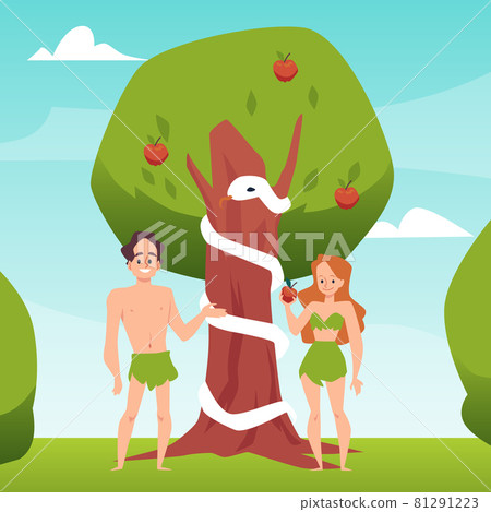 Temptation of Adam and Eve with forbidden fruit, flat vector illustration. 81291223
