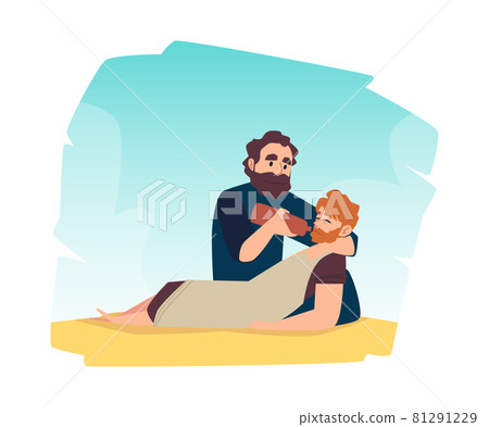 Scene of bible christian parable about good samaritan help to injured man. Scene of bible christian parable about good samaritan help to injured man. 81291229
