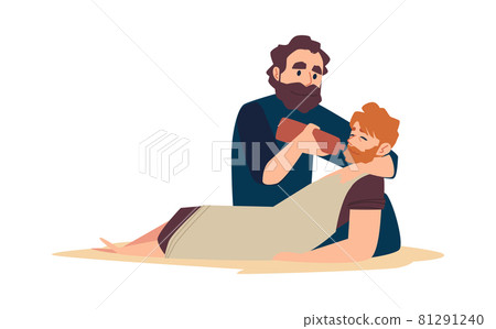 Bible christian parable about good samaritan help to injured man. 81291240