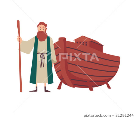 Noahs the Bible prophet and his ark boat, flat vector illustration isolated. Noahs the Bible prophet and his ark boat, flat vector illustration isolated. 81291244