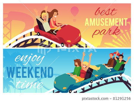 Friends ride roller coaster in amusement park on colored background 81291256