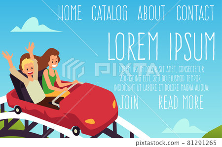 Website banner mockup with couple in amusement park, flat vector illustration. 81291265
