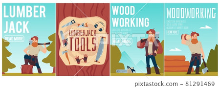 Banner or poster template set with lumberjacks in forest, woodcutting tools. 81291469