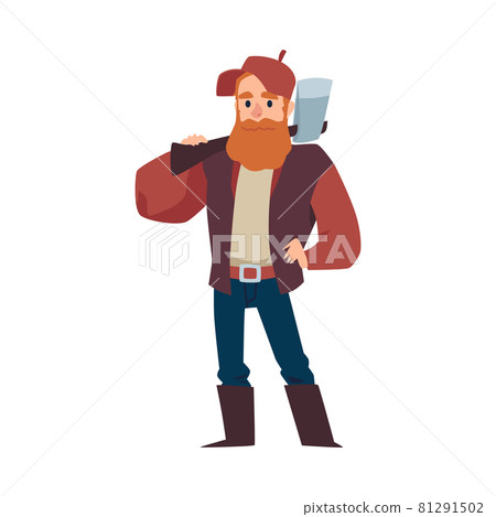 Woodcutter or lumberjack with axe on shoulder, flat vector illustration isolated. 81291502