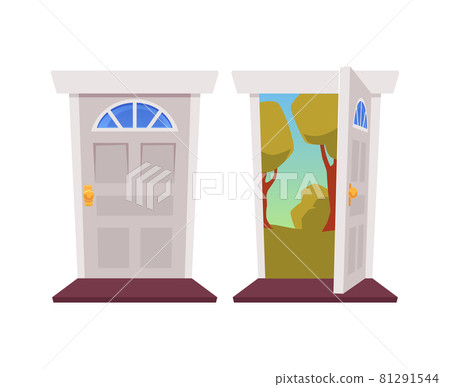 Opened and closed white cartoon doors in flat... - Stock Illustration ...
