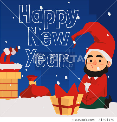 New Year card with dwarf or elf with gift boxes, flat vector illustration. 81291570
