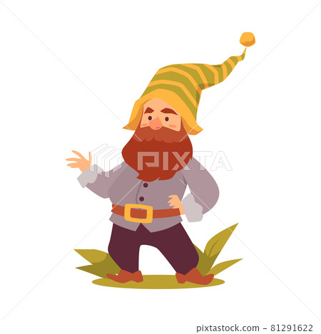 Cute funny bearded forest gnome or dwarf, flat vector illustration isolated. 81291622