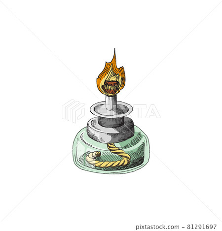 Hand drawn spirit lamp for scientific lab. Color vector sketch illustration of chemical medical laboratory equipment. 81291697