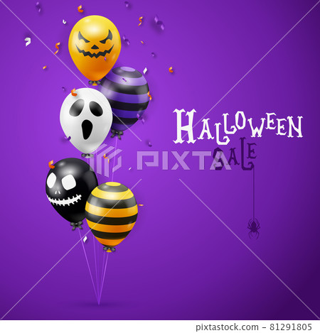 Halloween sale background with ghost balloons and ribbons decorations. Creepy scary faces on balloons. Decoration element for halloween celebration Halloween sale background with ghost balloons and ribbons decorations. Creepy scary faces on balloons. Decoration element for halloween celebration 81291805