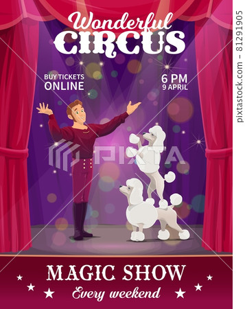 Shapito circus poster cartoon dog trainer on stage Shapito circus poster cartoon dog trainer on stage 81291905