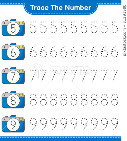 Trace the number. Tracing number with Camera. Educational children game, printable worksheet, vector illustration Trace the number. Tracing number with Camera. Educational children game, printable worksheet, vector illustration 81291980
