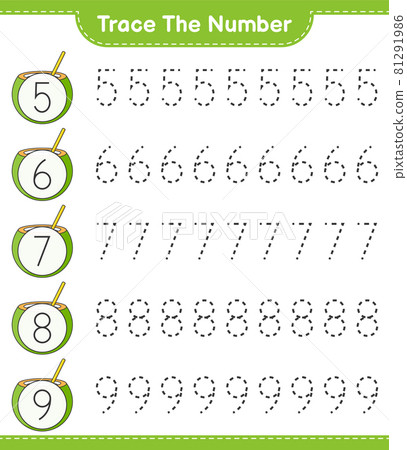 Trace the number. Tracing number with Coconut. Educational children game, printable worksheet, vector illustration 81291986