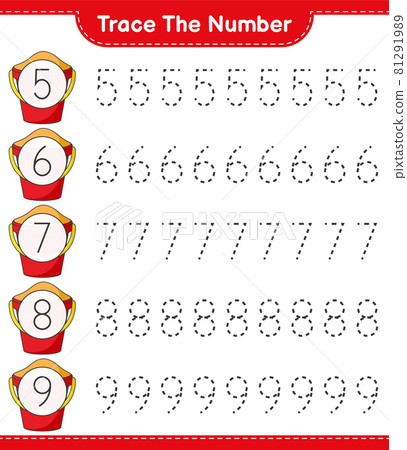 Trace the number. Tracing number with Sand Bucket. Educational children game, printable worksheet, vector illustration Trace the number. Tracing number with Sand Bucket. Educational children game, printable worksheet, vector illustration 81291989