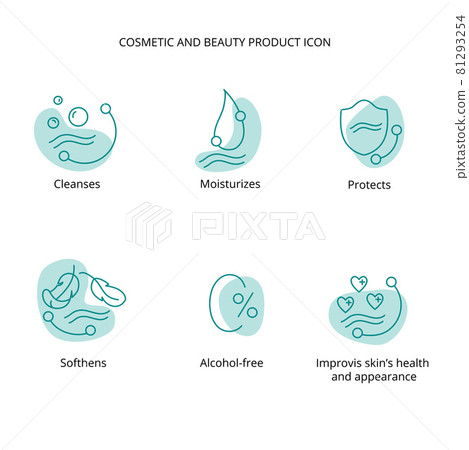Beauty product, face cleansing, alcohol free makeup removing lotion, mask cosmetic and beauty tretment icon set for web, packaging design. Vector stock illustration isolated on white background. EPS10 81293254
