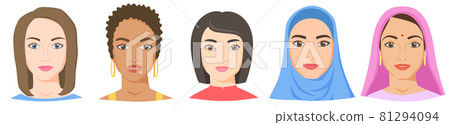 Women with different ethnicity, race and appearance. White, black, Asian, Arab, Indian female faces in flat style. Vector collection Women with different ethnicity, race and appearance. White, black, Asian, Arab, Indian female faces in flat style. Vector collection 81294094