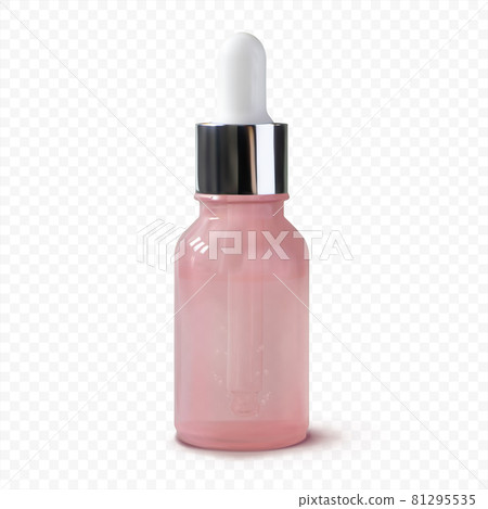 Pink glass serum bottle with pipette realistic 3d vector illustration isolated. Blank cosmetic tube mockup standing. Skincare pack Pink glass serum bottle with pipette realistic 3d vector illustration isolated. Blank cosmetic tube mockup standing. Skincare pack 81295535
