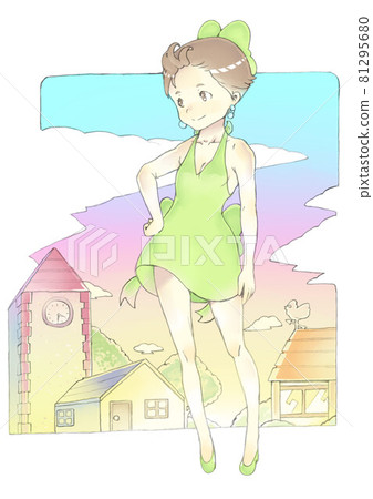 A woman in a one-piece swimsuit standing in the city of sunrise A woman in a one-piece swimsuit standing in the city of sunrise 81295680