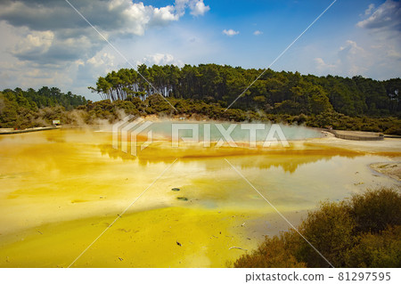 Waiotapu, also spelt Wai-O-Tapu is an active geothermal area at the southern end of the Okataina Volcanic Centre, just north of the Reporoa caldera, in New Zealand's Taupo Volcanic Zone. 81297595