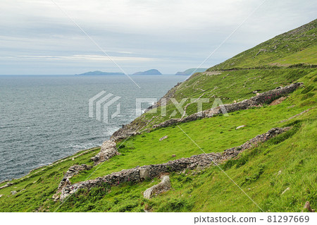 Slea Head Drive is a spectacular driving route that forming part of the Wild Atlantic Way that weaves and twists around the coast from Dingle, County Kerry, Ireland. 81297669