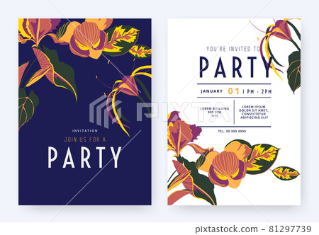 Floral party invitation card template design, Magnolia coco, Spider lily, Iris and leaves Floral party invitation card template design, Magnolia coco, Spider lily, Iris and leaves 81297739