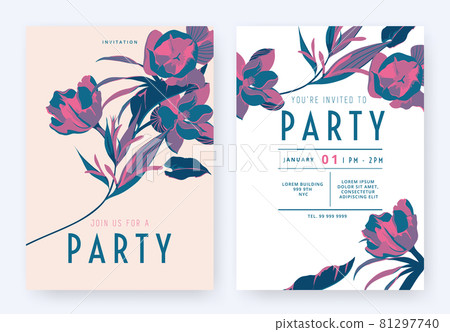 Floral party invitation card template design, tulip, Heliconia, Magnolia coco and leaves 81297740