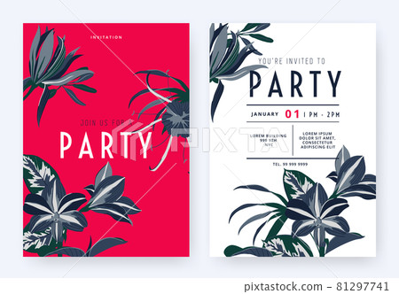 Floral party invitation card template design, Magnolia champaca, spider lily, Amaryllis and leaves Floral party invitation card template design, Magnolia champaca, spider lily, Amaryllis and leaves 81297741