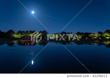 京都府京都市大覺寺賞月之夜，漂浮在大澤池的龍都刺身船遊船 81298311
