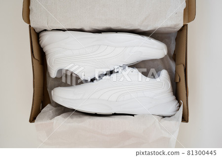 New white sneakers in the box. Wardrobe update. Style, fashion, image New white sneakers in the box. Wardrobe update. Style, fashion, image 81300445