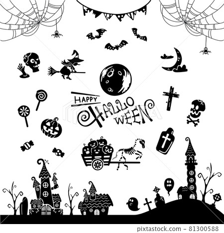 鬼和糖果的萬聖節城市景觀和剪影插圖集合 鬼和糖果的萬聖節城市景觀和剪影插圖集合 81300588