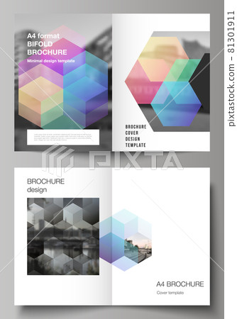 Vector layout of two A4 format cover mockups design templates with colorful hexagons, geometric shapes, tech background for bifold brochure, flyer, magazine, cover design, book design, brochure cover. 81301911