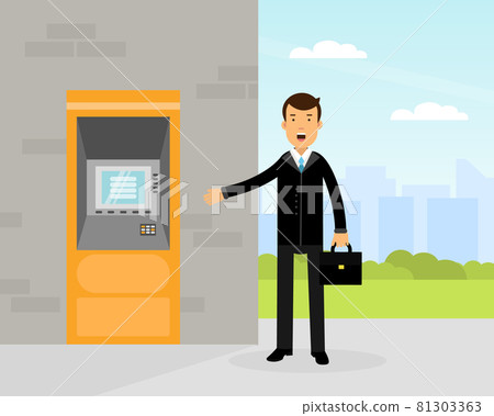 Man Character in Suit and Briefcase Standing Near ATM Machine Vector Illustration Man Character in Suit and Briefcase Standing Near ATM Machine Vector Illustration 81303363
