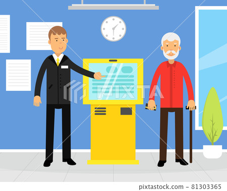 Bank Consultant Helping Senior Man Character Getting Cash with ATM Machine Vector Illustration Bank Consultant Helping Senior Man Character Getting Cash with ATM Machine Vector Illustration 81303365