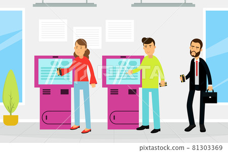 People Characters Getting Cash and Making Payment with ATM Machine Vector Illustration People Characters Getting Cash and Making Payment with ATM Machine Vector Illustration 81303369