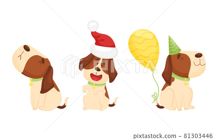 Cute funny beagle dog set. Cute pet animal in xmas and party hat celebrating holidays cartoon vector illustration 81303446