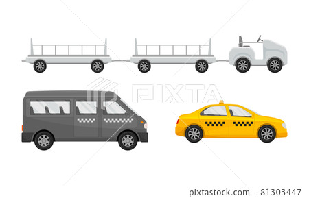 Airport airfield vehicles set. Taxi cars, mobile trolley for transporting baggage vector illustration 81303447