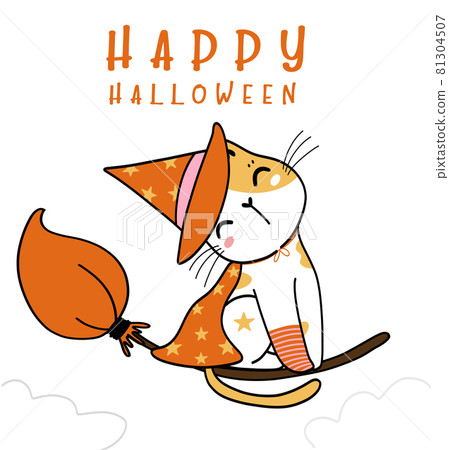 cute Happy Halloween kitten cat costume,Trick or Treat with spider, doodle flat vector illustration idea for greeting card, kid Tshirt 81304507