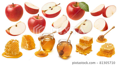 Red apples and honey isolated on white background. Jewish New Year celebration set Red apples and honey isolated on white background. Jewish New Year celebration set 81305710