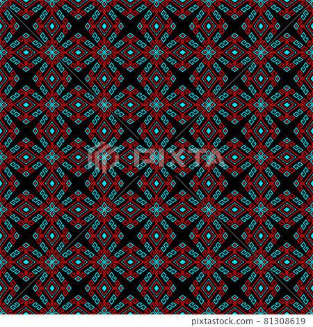 Red Turquoise Symmetry Geometric Tribal or Native Seamless Pattern on Black Background 81308619