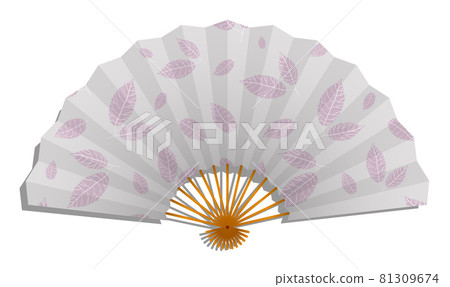 Realistic paper Female folding fan of Japanese geisha with pattern of plant leaves. Vector isolated on white background 81309674
