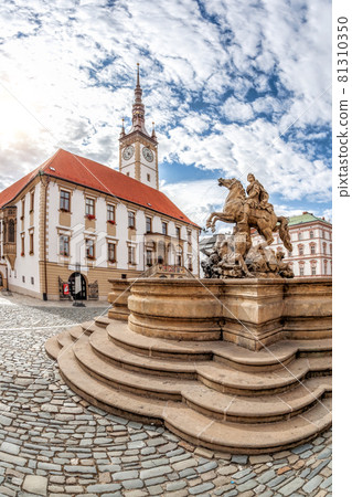 Baroque Caesar Fountain against town hall in Olomouc (Unesco) Czech Republic 81310350