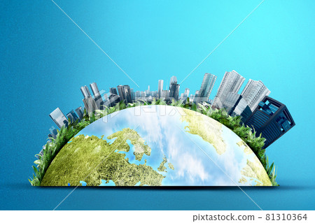 Earth with modern buildings and skyscrapers above it 81310364