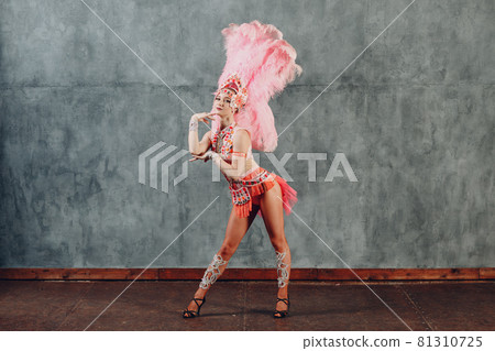 Woman in samba or lambada costume with pink feathers plumage 81310725