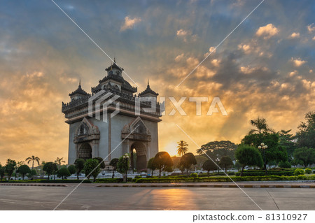 Vientiane Laos, sunrise city skyline at Patuxai (Patuxay) the most famous landmark in Vientiane Vientiane Laos, sunrise city skyline at Patuxai (Patuxay) the most famous landmark in Vientiane 81310927